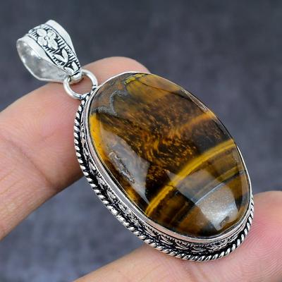 Natural Tiger Eye Gemstone Handmade 925 Sterling Silver Pendant 2.25" A8v40