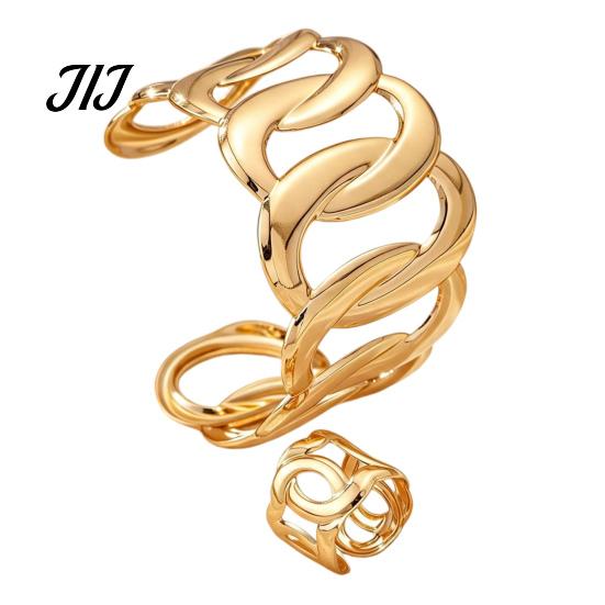 Minimalist Golden Plated Jewelry 2Pcs Hollow Twisted Statement Set, Open Adjustable Cuff Bangle Iron Wrist & Wide Ring, Metal for Women Non Tarnish
