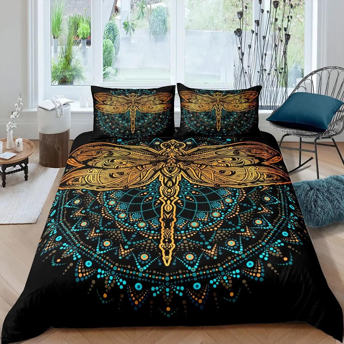 Bohemian Libelle Dekbedovertrek Set King Size Mandala Paisley Beddengoed Set Paars Tie Dye Iridescent Hippie Polyester Dekbedovertrek AU Double(180x210cm)