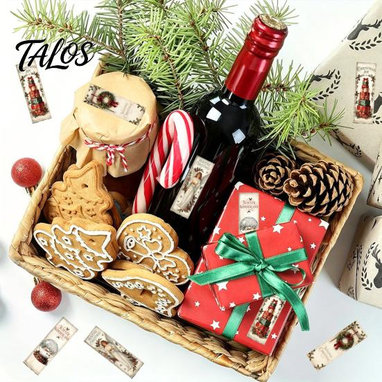 Festive Packaging Seals Christmas Coated Paper Sealing Sticker, Retro Hand-drawn Santa Claus Snowman Elk Holiday Party Table Decor Design, Decorative