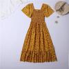 Spring Summer Chiffon Dress Women Midi DressesFemale Short Sleeve Elastic Waist Printed Floral Pleated Backless Casual Dress