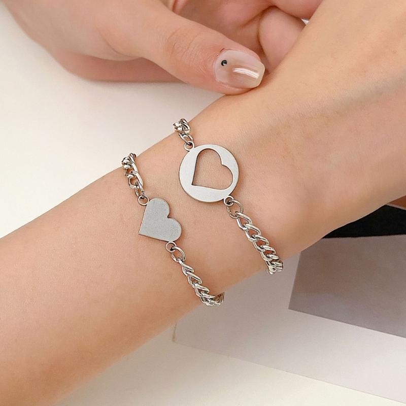 2Pcs/set Stainless Steel Simple Hollow Love Sun Moon Chain Bracelets Temperament Ins Chain Ladies Couple Card Bracelet