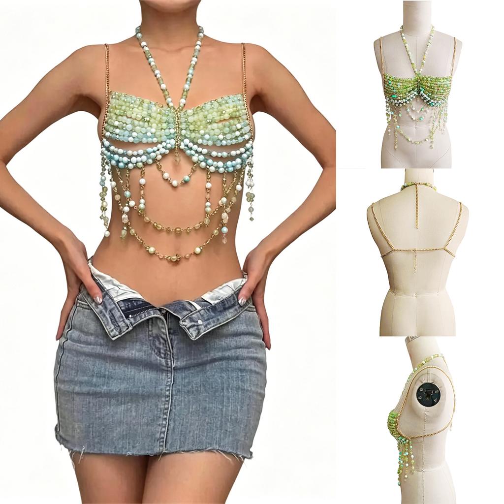 Top Camicetta alla Moda con Scollo all'Americana e Perline, Collana Statement, Bandeau, Catena per il Corpo per Festival e Serate