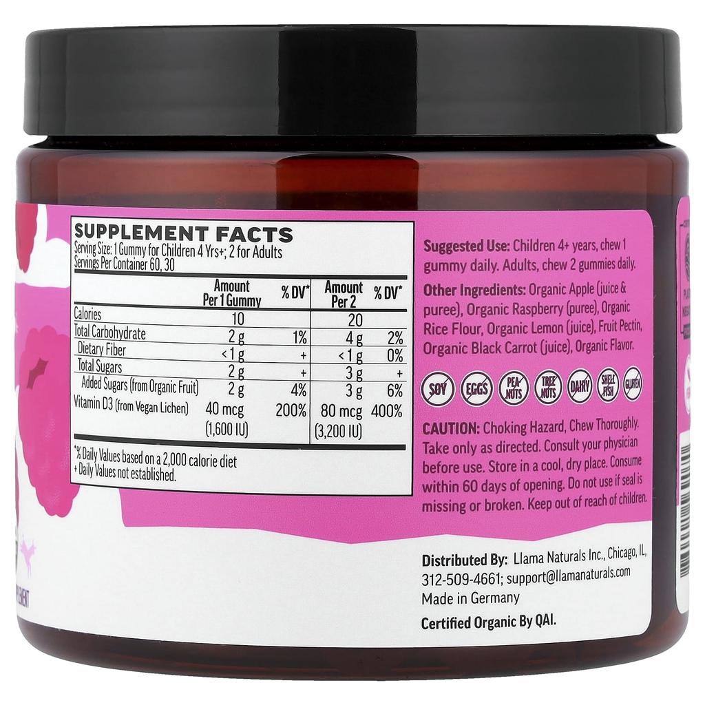 Llama Naturals, Children & Adults, Plant-Based Vitamin D3, Natural Fruit Gummies, Raspberry Flavor, 60 Gummies