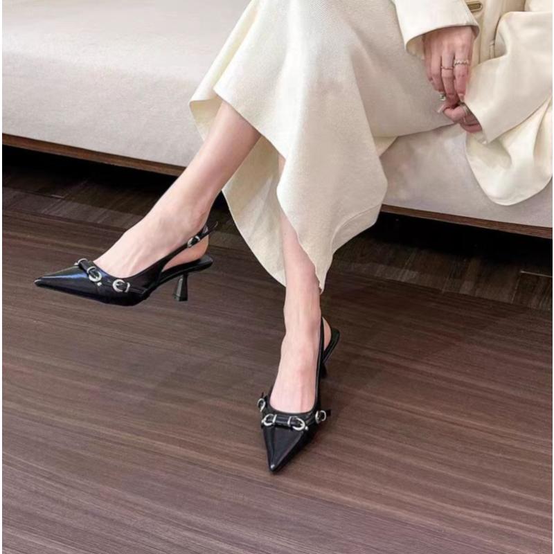 Luxusní Značkové Designové Dámské Sandály Špičaté Špičky Pásek s Přezkou Kovový Vysoký Podpatek Koťátkový Podpatek Elegantní Jednoduché Boty Dámské