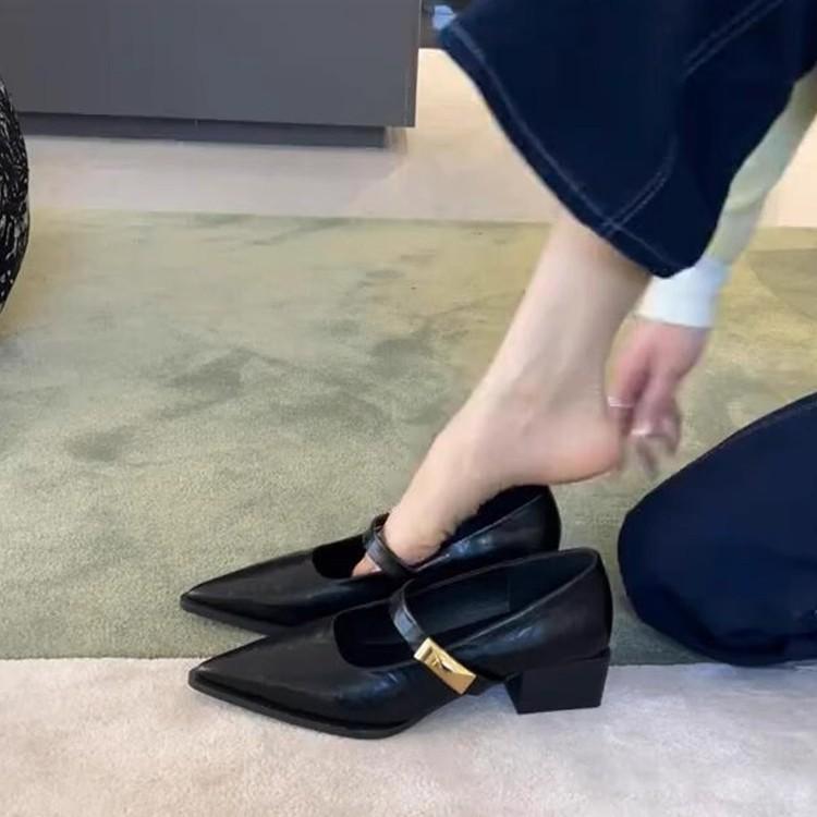 Soft Leather Version~ One-pedal Pointed Thick Heel Mary Jane Shoes Light Mouth One Word with French Commuter Light Mouth Temperament Single Shoes