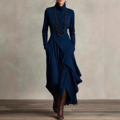 Autumn Winter Long Sleeve High Collar Waist Irregular Cross Women Long Dress Fashion Streetwear Dresses Women's Oversized