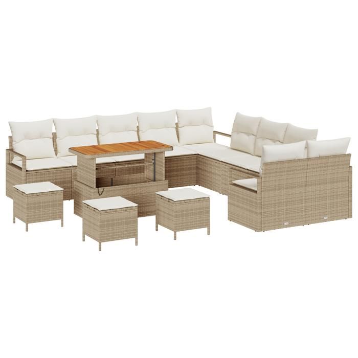 Set de canapé de jardin 14 pièces avec coussins Beige Rotin poly Acacia, Canapé de jardin 2 places avec rangement 3364541
