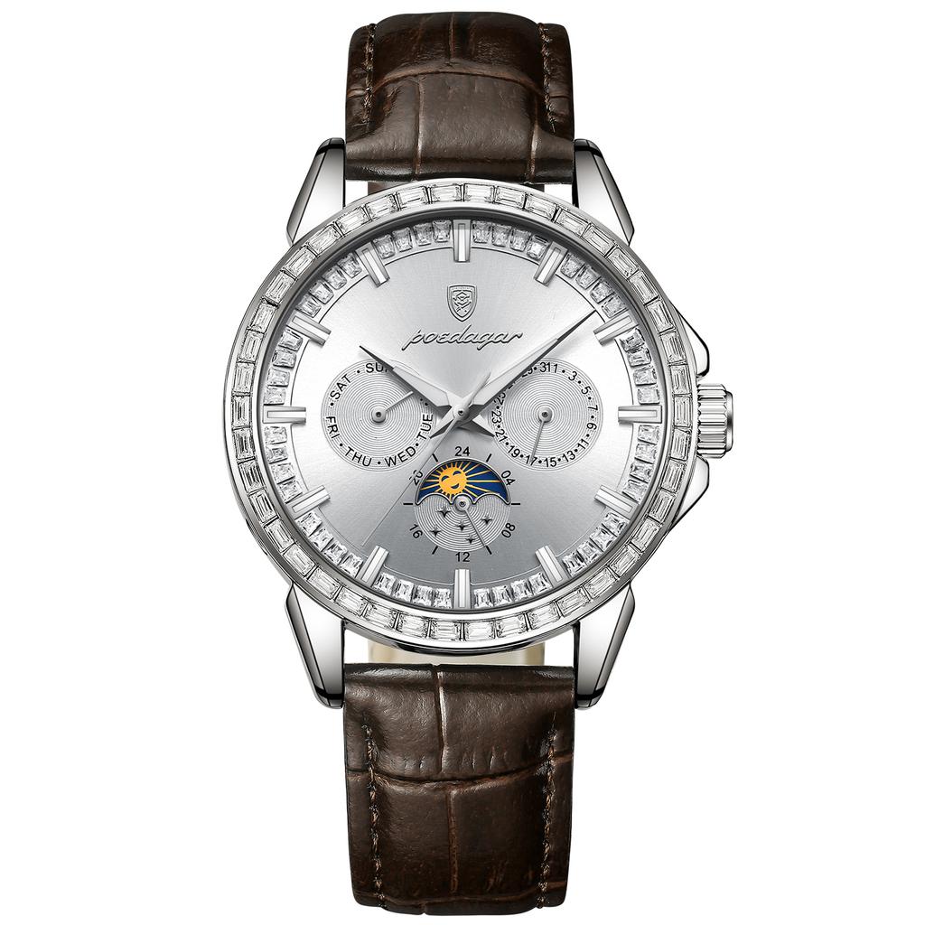 Herren-Quarzuhr mit Diamantenbesatz, Drei-Augen-Sechs-Zeiger-Mondphasen-Zifferblatt, Wasserdichte Herrenuhr mit Leuchtzeigern für Business und Freizeit, Geschenk für die Feiertage