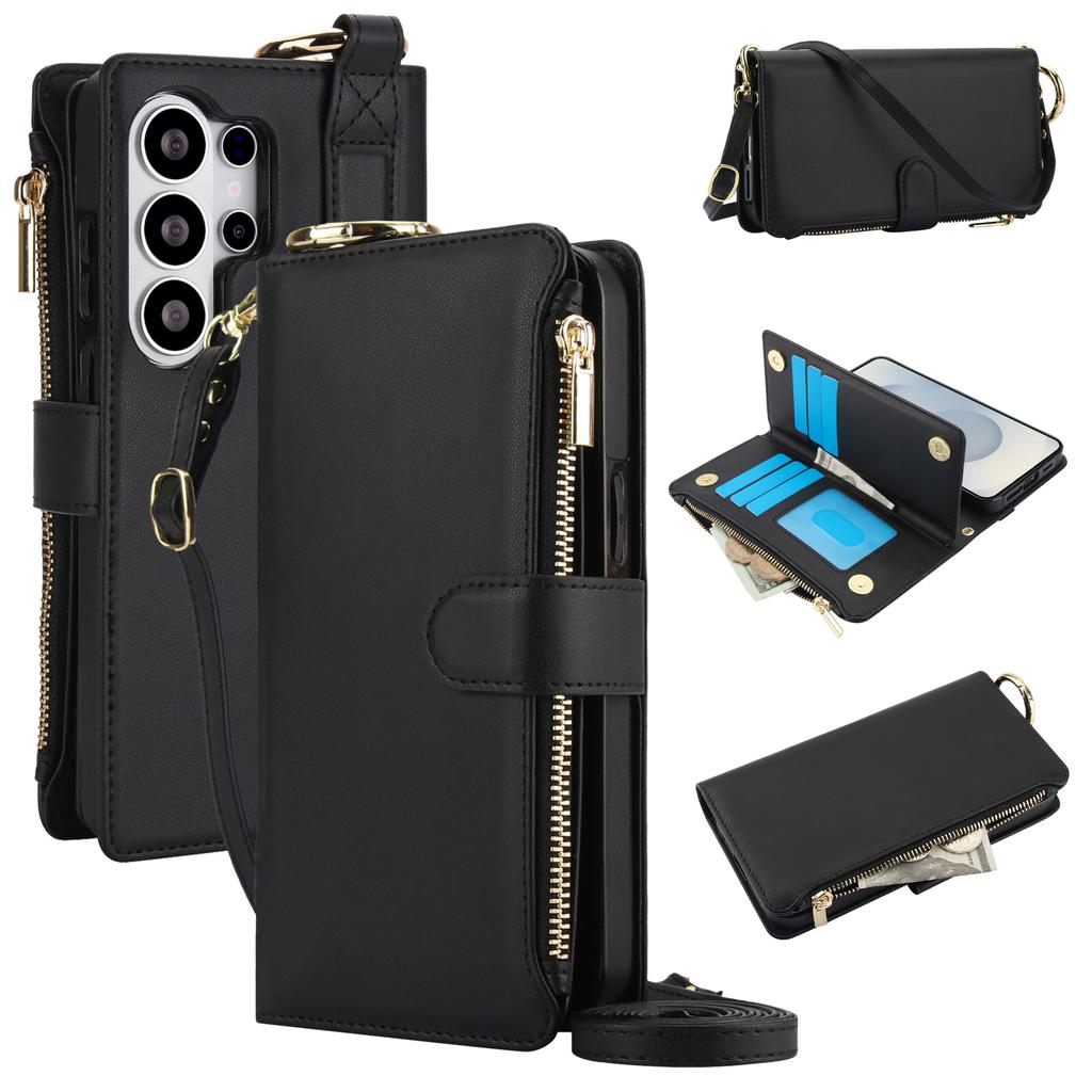 Luxusní PU kožená peněženka na zip pro Samsung Galaxy S22 S23 S24 S25 S26 Ultra Plus Odnímatelná šňůrka přes rameno Držák na karty