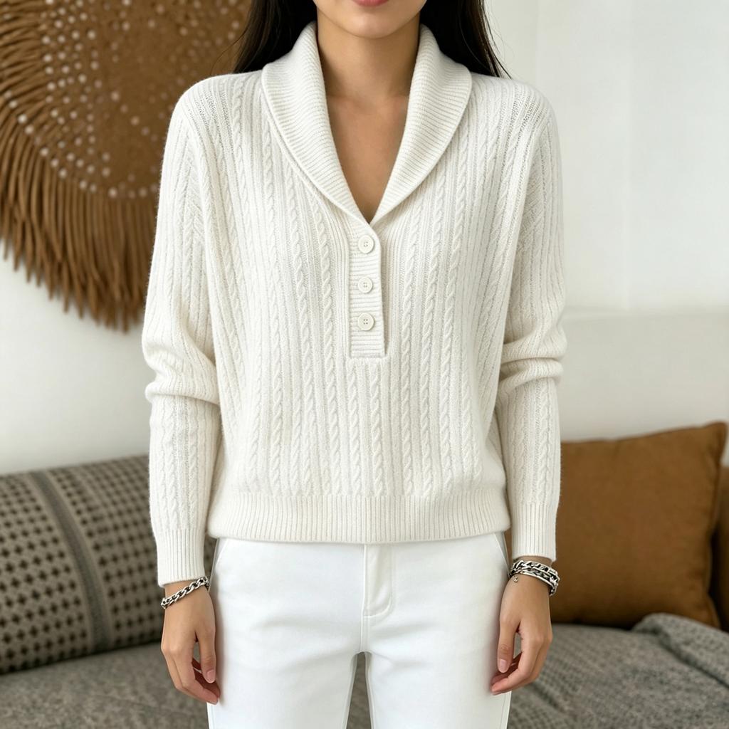 Women's Color Knit Button Sweater with Cable Knit Collar for Casual Wear