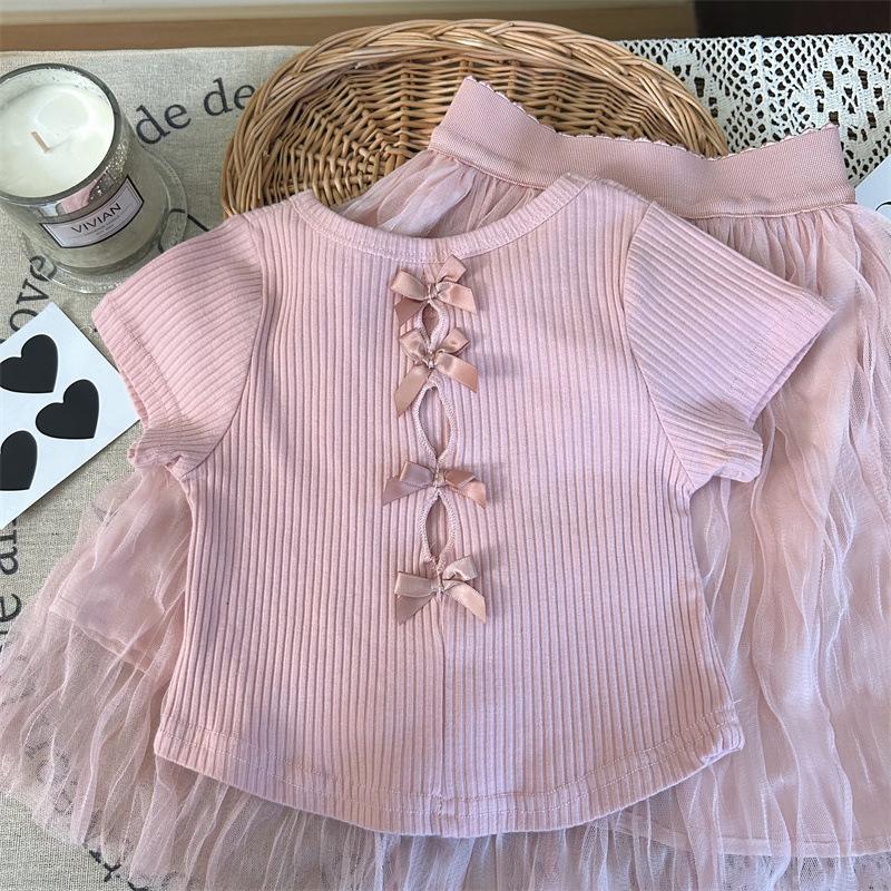 2024 Korean Girls' Summer Bow T-Shirt & Crinkled Skirt Set