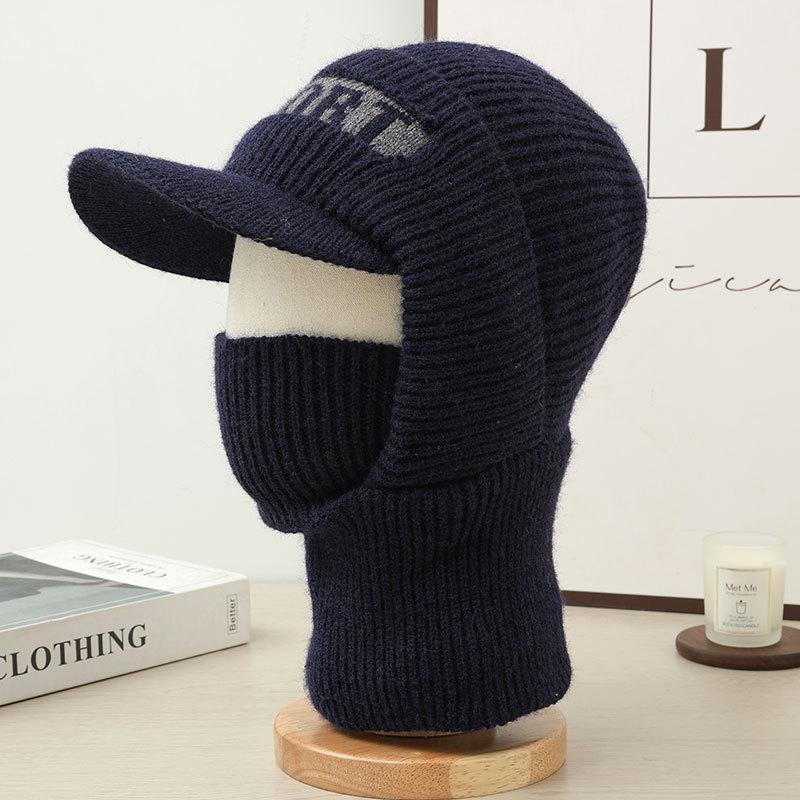 Men'S Velvet Lined Knitted Beanie Winter Hat With Collar, Outdoor Cycling Sports Cap For Men Black/Gray One Piece New Keep Warm