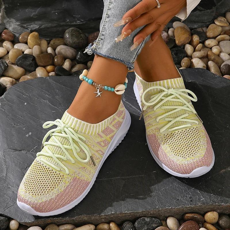 Breathable Knitting Platform Sneakers Women Fashion Mix Color Non-Slip Sports Ladies Comfortable Slip-On Flat Heel Casual Shoes