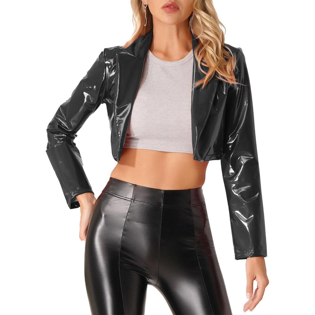 Womens PU Faux Leather Long Sleeve Jackets Slim Fit Party Coat Ladies Fashion Leather Jacket Dance Costume