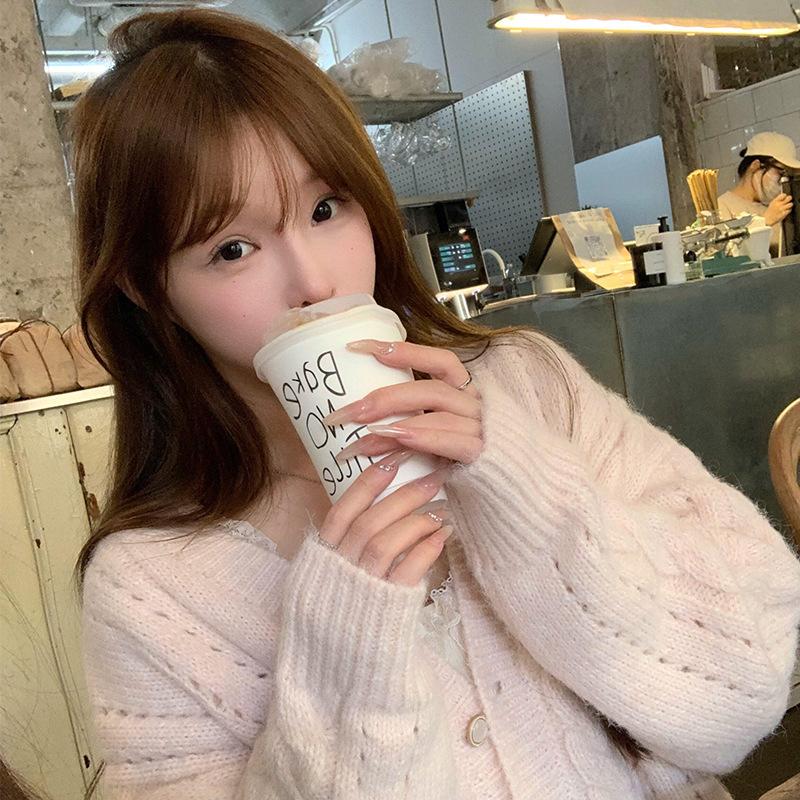 Pink Knitted Open Cardigan Sweater Women's Chic Street Style Loose Sweet Anti-Aging Lazy Fashion Outerwear Top