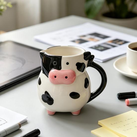 Tazze da Caffè da Ufficio con Manico, Tazza in Ceramica Mucca 3D, Capacità 580ml, Tazze Mattutine Carine, Tazza Animale, Decorazione da Scrivania Originale per Casa E