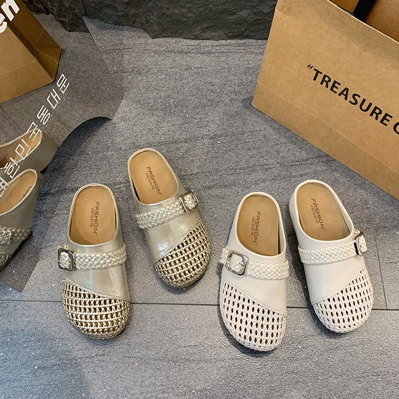 Woven hollow bag head half slippers women's summer outer wear 2025 new thick bottom inner height increase lazy one foot cool slippers