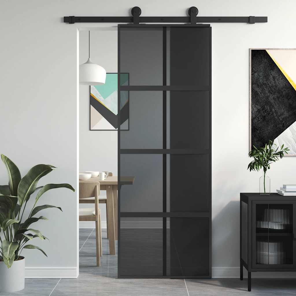 Sliding Door Black 76x205 Cm Tempered Glass and Aluminum
