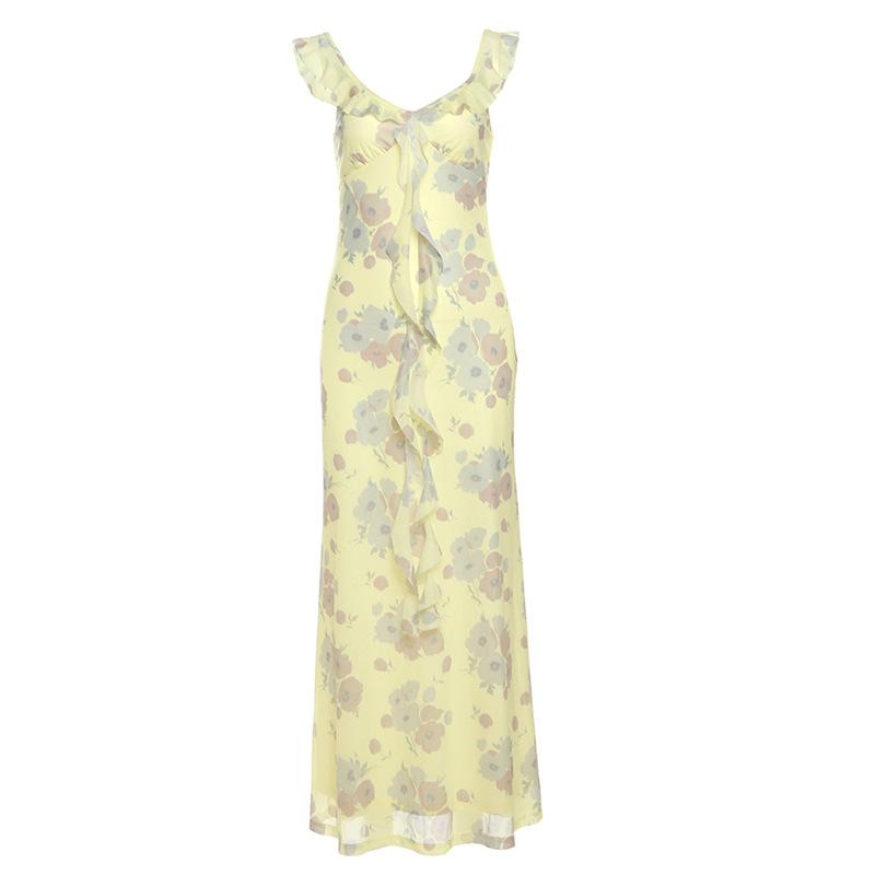 European and American Summer New Women's Clothing Sexy Low-cut Spice Girls Vacation Style Retro Printing Slim-fitting Backless Dress