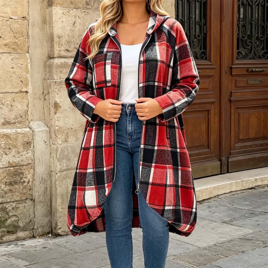 Women's Long Sleeve Zip-Up Hooded Plaid Colorblock Long Coat, Loose Fit