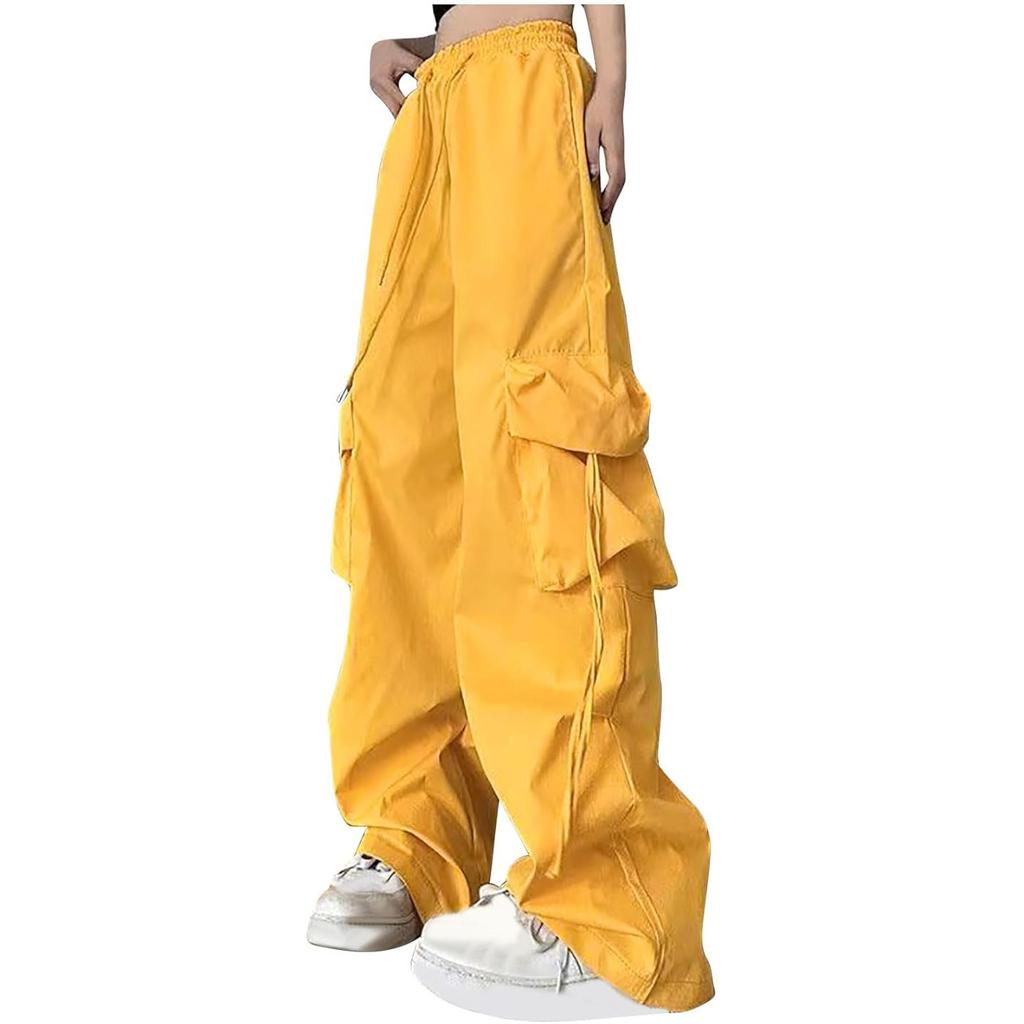 Women Loose Baggy Cargo Trousers Elastic Drawstring Y2K Trouser Wide Leg Parachute Pants with Pockets