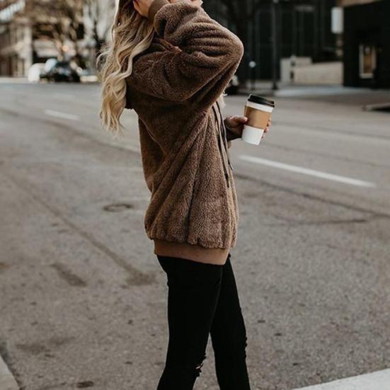 Damen-Fleece-Kapuzenpullover, einfarbig, langärmelig, Kapuzenpullover mit Kordelzug