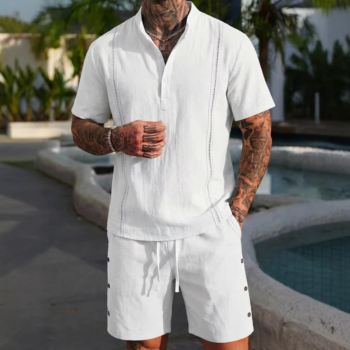 Mens Casual Solid Short Sleeve Stand Collar Shirt And Shorts Two Piece Set S белый