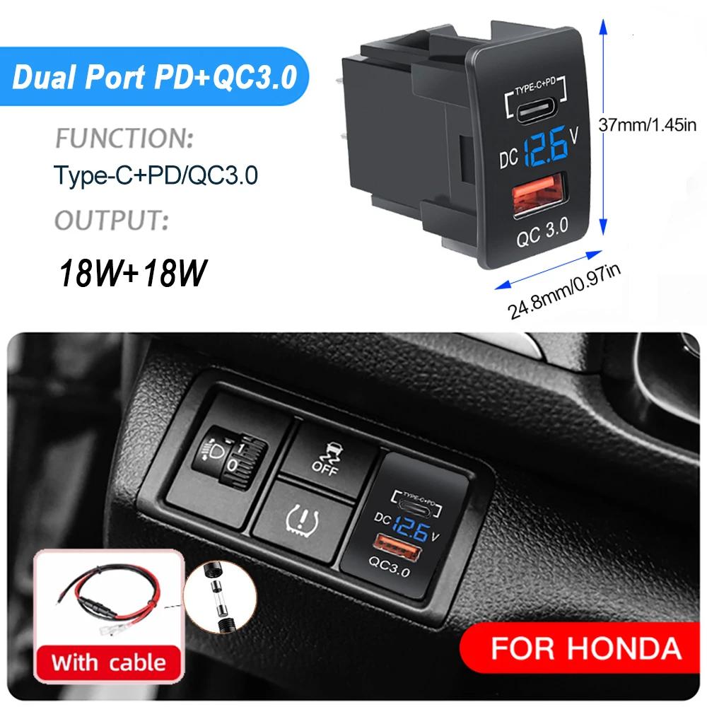 QC3.0 USB PD Typ-C Autoladebuchse Schnellladeanschluss Auto-Adapter mit LED-Voltmeter 37X24mm/45X26mm für Honda-Autos