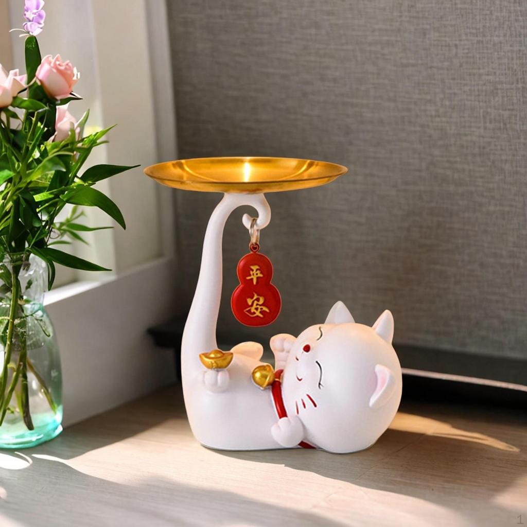 Art Statue Kitten Figurines Sculptures Nordic Resin Jewelry Tray Vanity Decor for Bookshelf