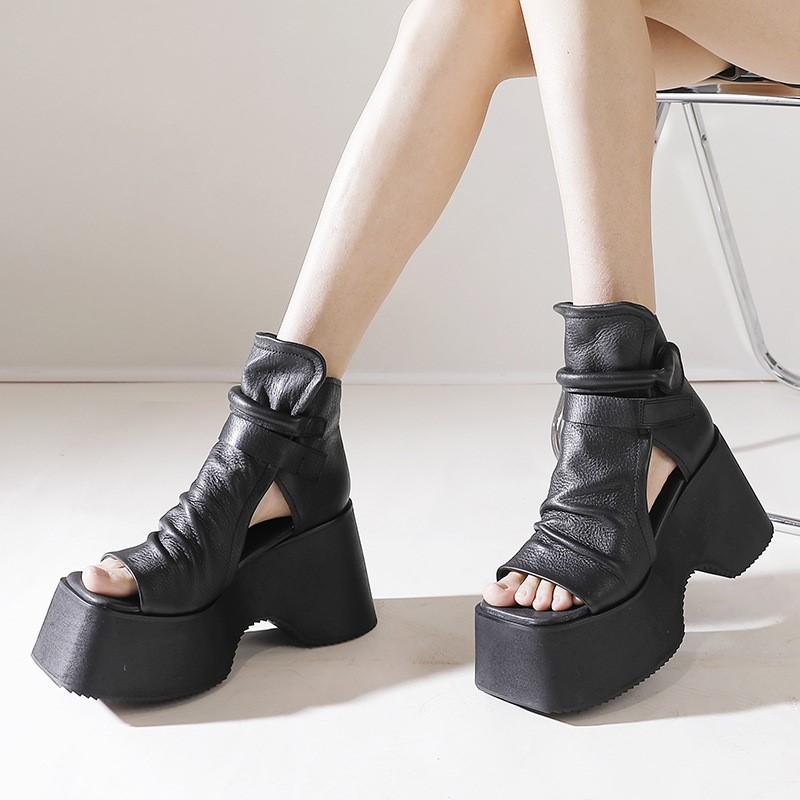 Johnature Vintage Thick Sole Sandals Boots Women Peep Toe Genuine Leather Comfort Heightening Platform Shoes