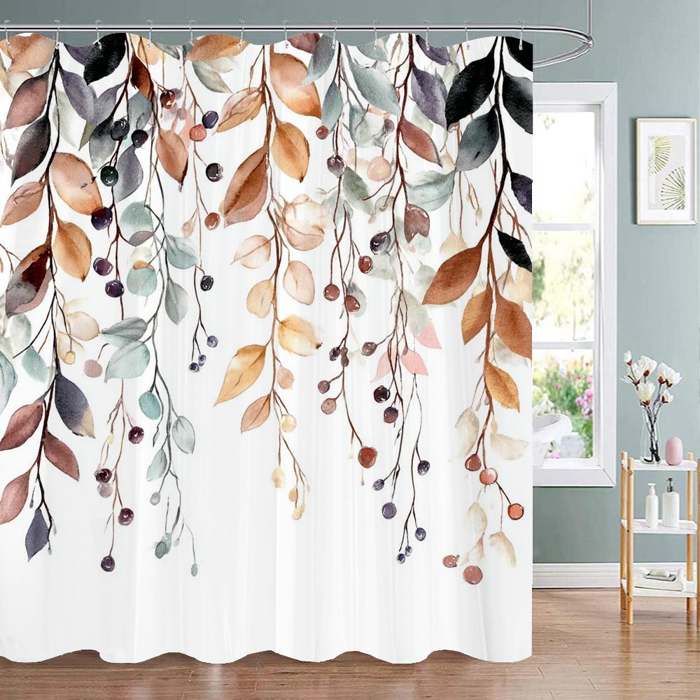 Modern Plants and Leaves Shower Curtain, Botanical Leaf Bathroom Decor Shower Curtain, Waterproof Shower Curtain with Hooks