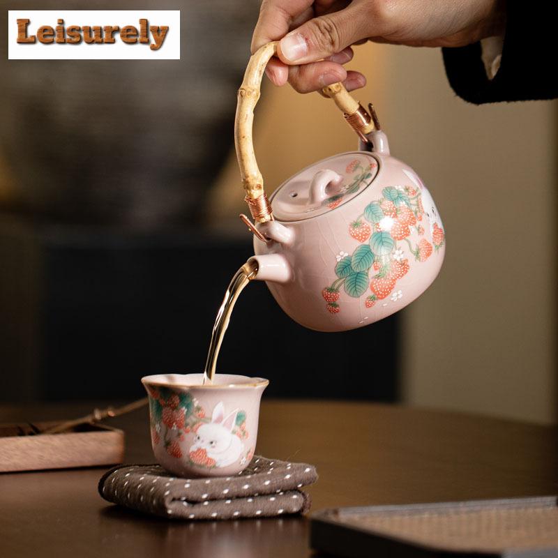 230ml Creative Pink Ru Kiln Lifting Beam Teapot Elegant Strawberry Rabbit Pot Tea Brewing Kettle with Infuser Chinese Tea Set