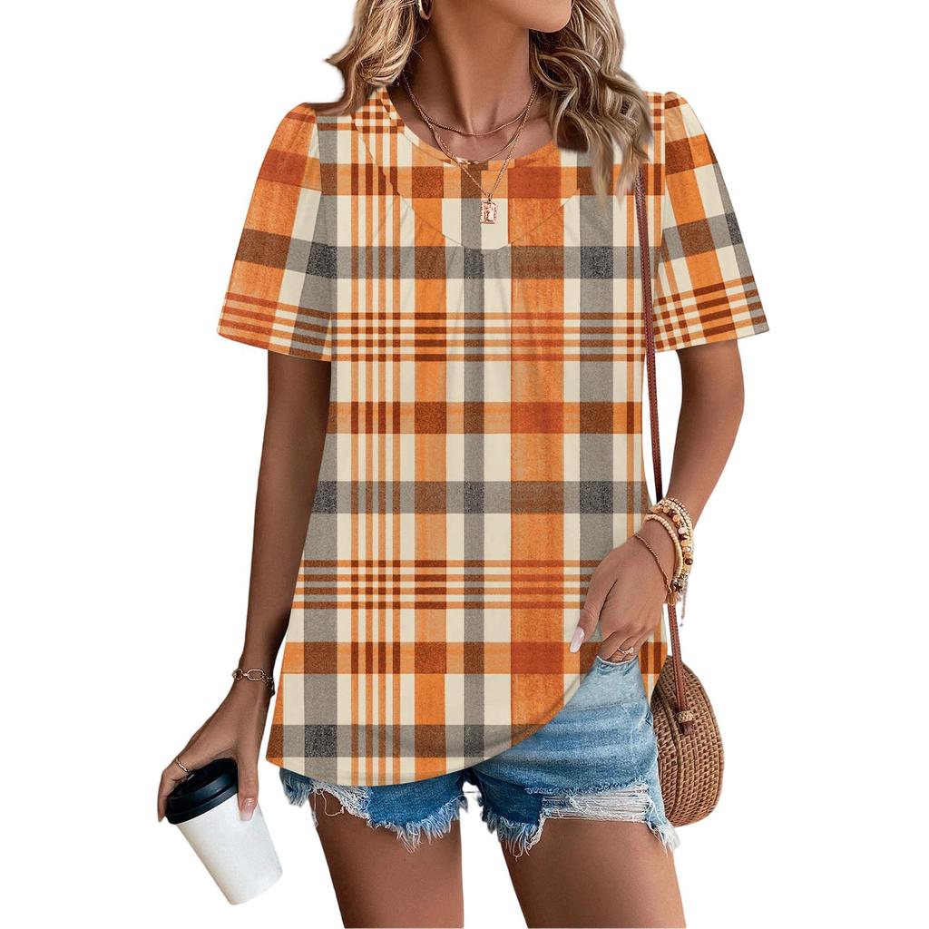 Damen Casual Mode Rundhals Kariert Bedruckt Plissiert Kurzarm T-Shirt Top