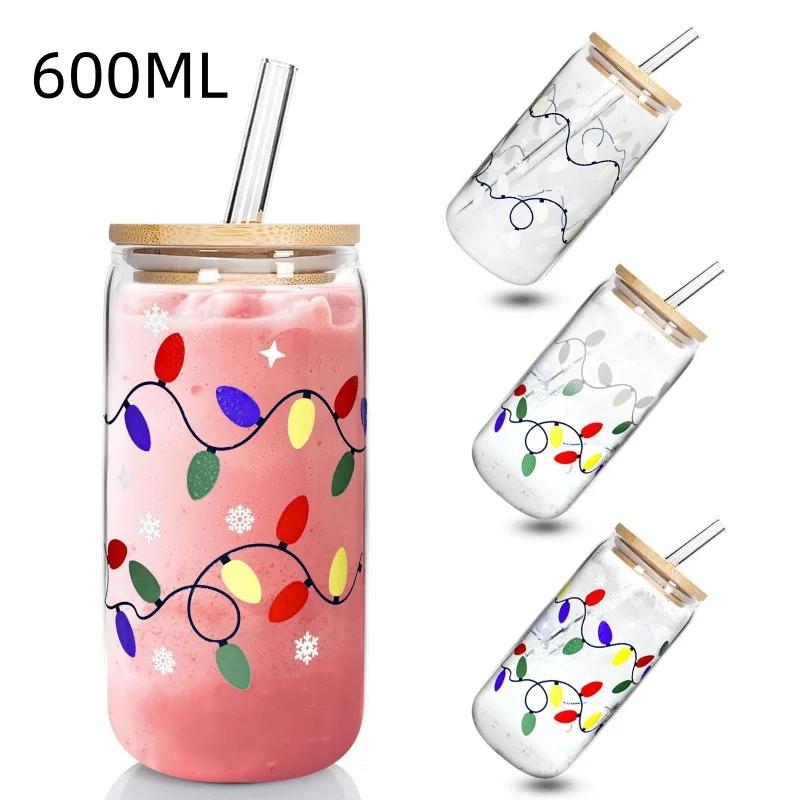 Color Changing Glass Cup 380-600ml Bamboo Leak Proof Cover And Straw Change Color When Exposed To Cold Christmas Party Gift