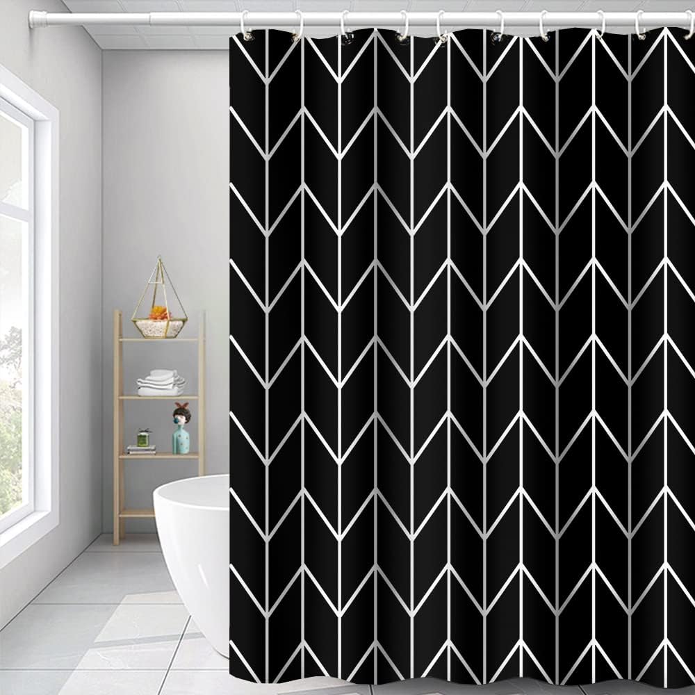 Striped Fabric Bathroom Shower Curtain-Modern Simple Polyester Waterproof Blue Grey Abstract Line Pattern With Hook