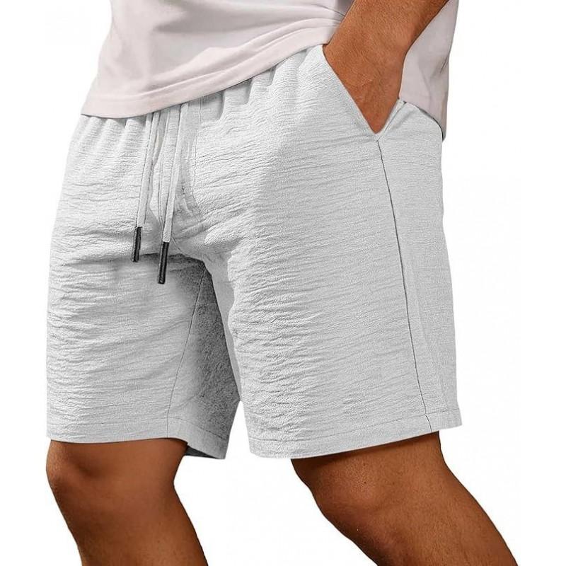 Mens Lightweight Cotton Linen Shorts Loose Fit Elastic Waist Drawstring Casual Sport Beach Walk Short Pants