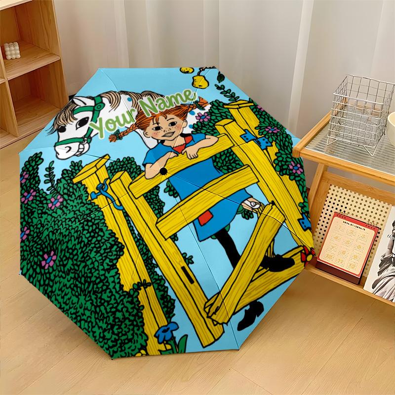 Custom Text Automatic 8 Bone Umbrella, Portable Sun Rain Protection UmbrellaPippi Longstocking