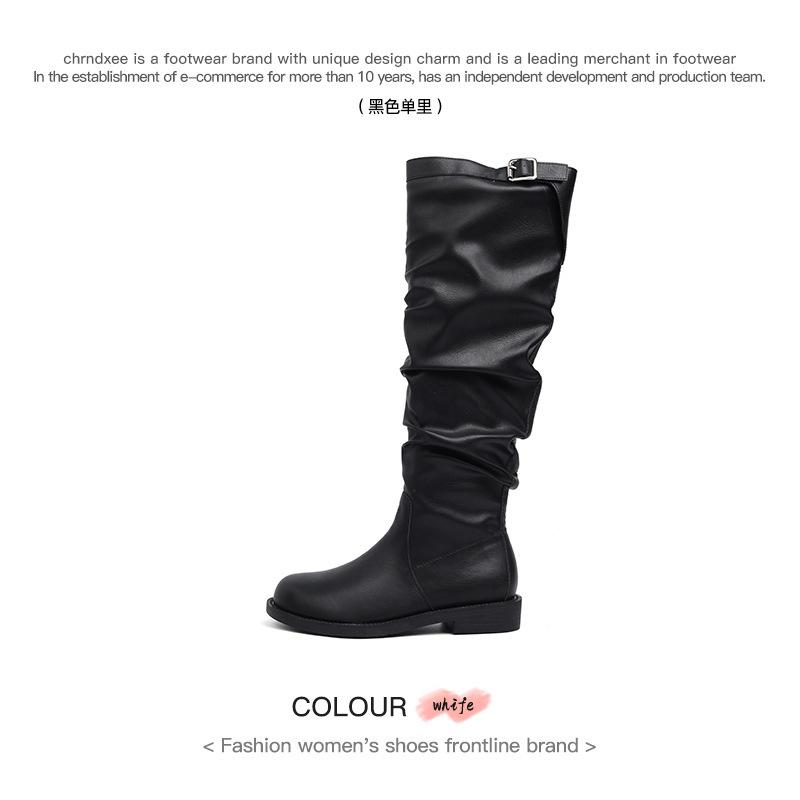 Cowhide version~ retro long boots for women's autumn and winter new round head thick-soled high knight boots, thin pleated stacked boots