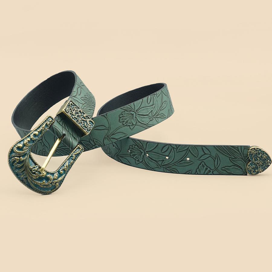 Vintage Dark Color Carved Women's Belt with Leaf Print, Versatile for Autumn and Winter Casual Belt, Daily Commuting Decoration