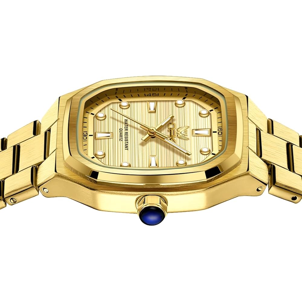 OPK Men's Quartz Analog Watch Waterproof Luminous Stainless Steel Band Simple Elegant Gold