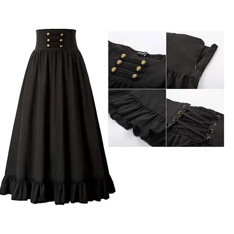 Vintage Renaissance Pleated Maxi Corset Button Skirt Women A Line Costume Victoria High Waist Gown Big Swing Floor Ruffle Skirt