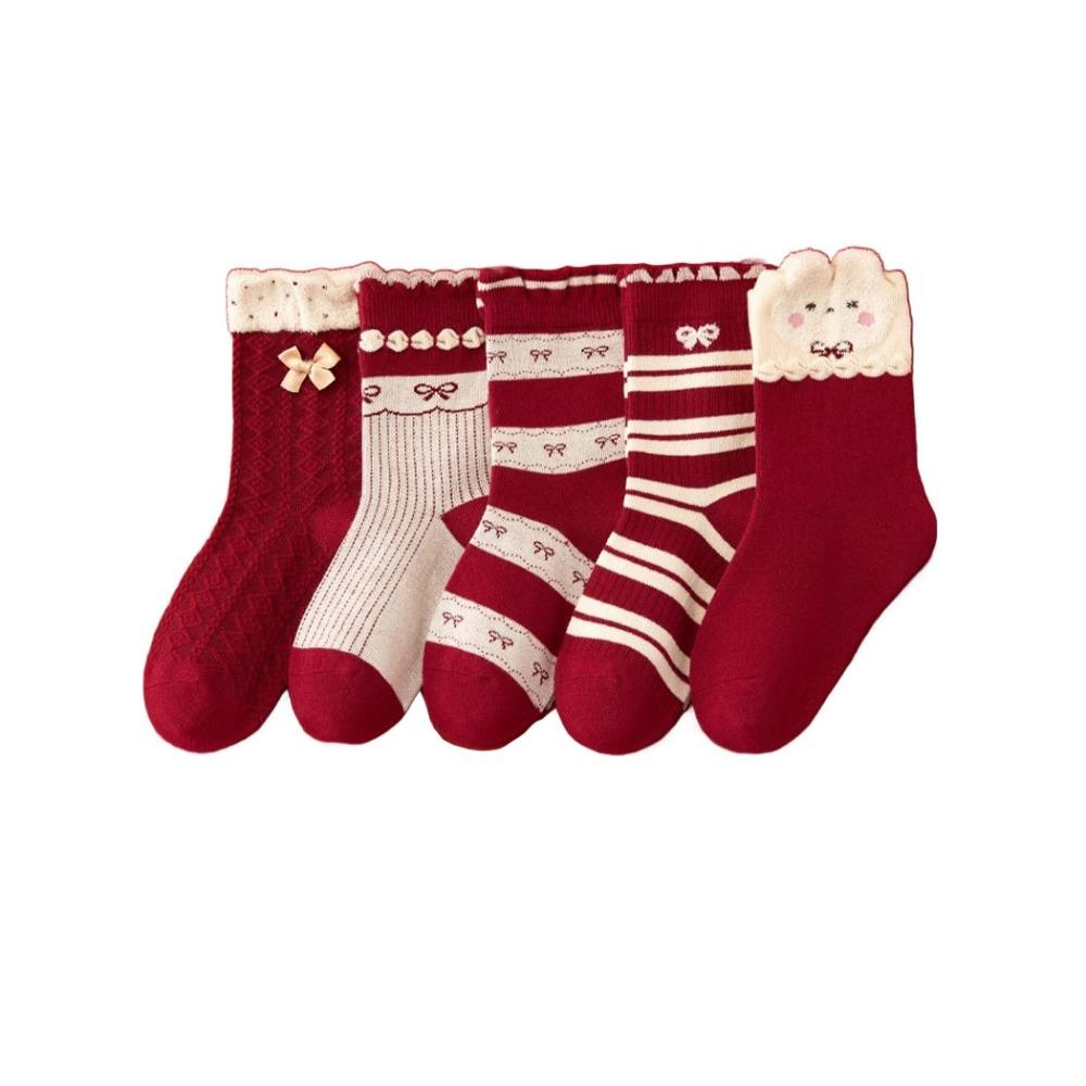 

5Pairs Stripe Cartoon Red Socks Bowknot Middle Tube Socks Fashion Kids Hosiery Children Ages 6-8-5Pairs