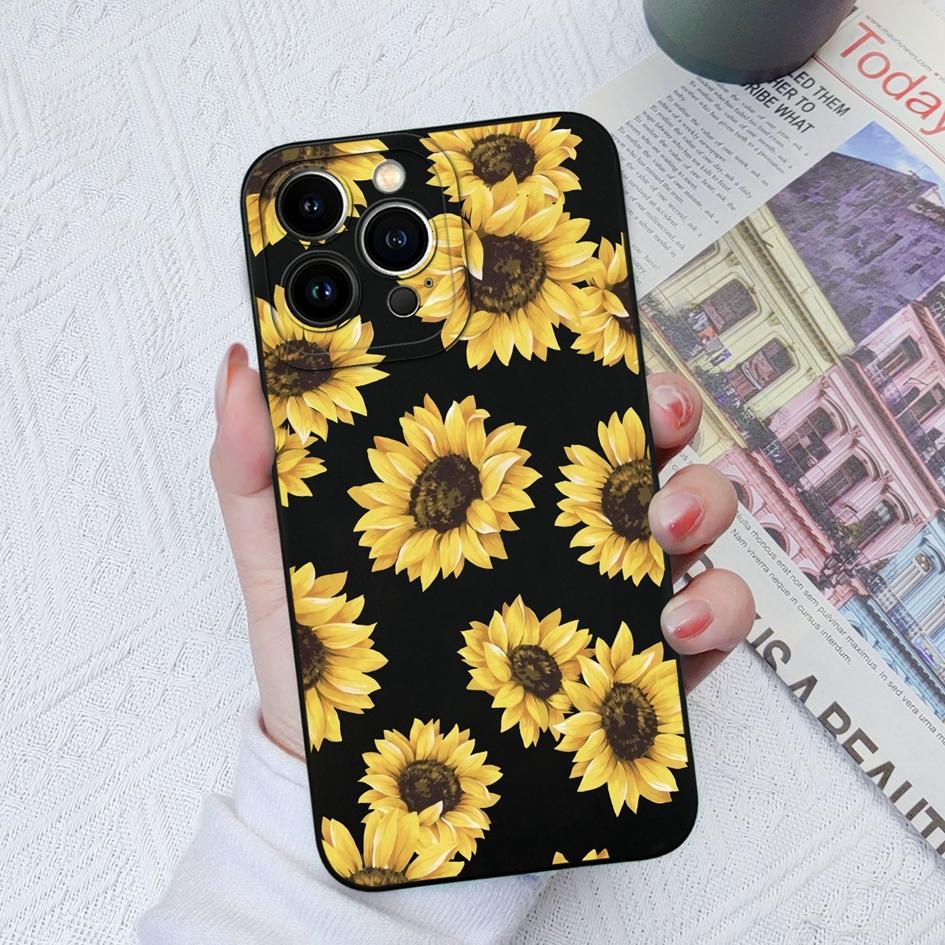 For Apple iPhone 6 7 8 11 12 13 14 15 Pro Max X XS XR SE Phone Case Liquid Soft Silicone Shockproof Cover Sunflower Butterfly For iPhone Shell Bumper