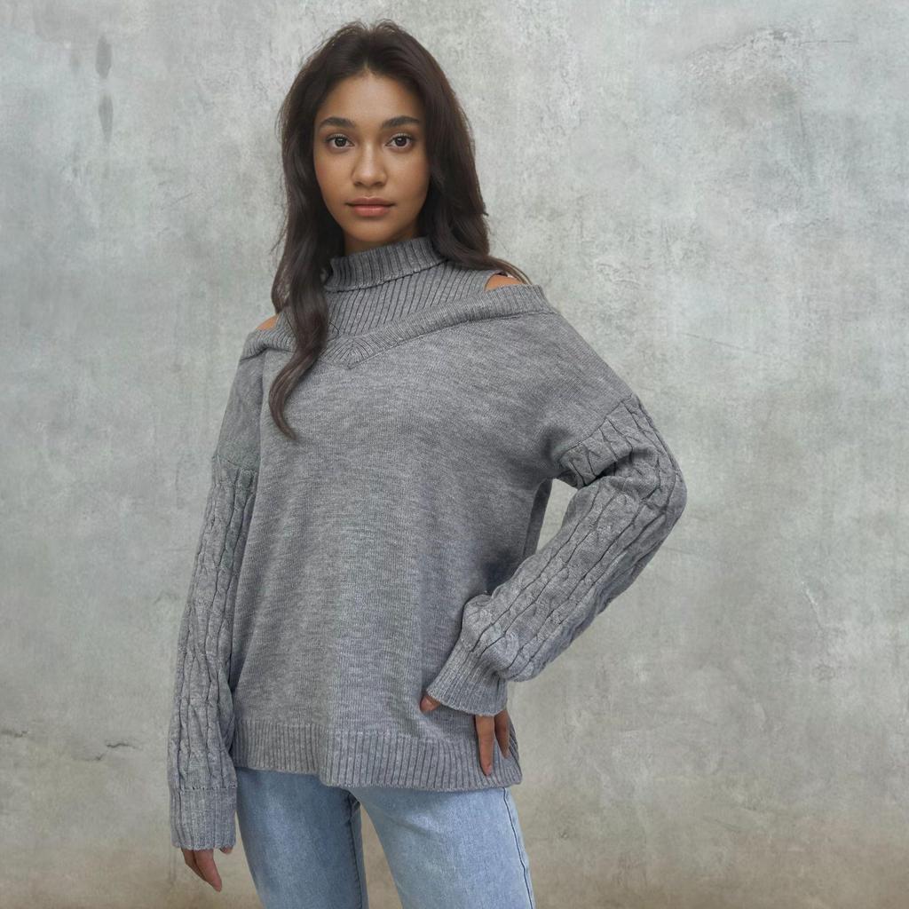 2024 Fall/Winter Women's Off-the-Shoulder Turtleneck Sweater: Sexy European-American Style, Loose-Fit Pullover Tops