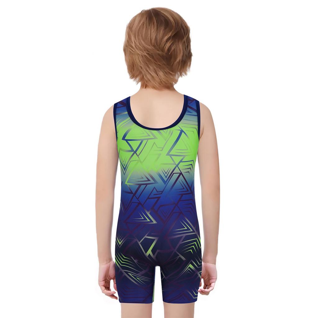 Boys Cycling Workout Bodysuit: U Neck Sleeveless Geometric Print Singlet for Wrestling Exercise Training