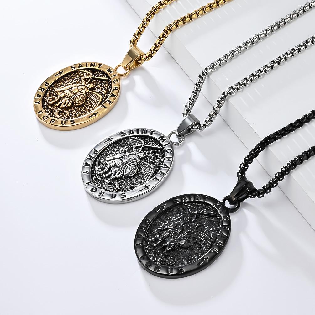 

European and American Retro Saint Michael Archangel Titanium Steel Necklace