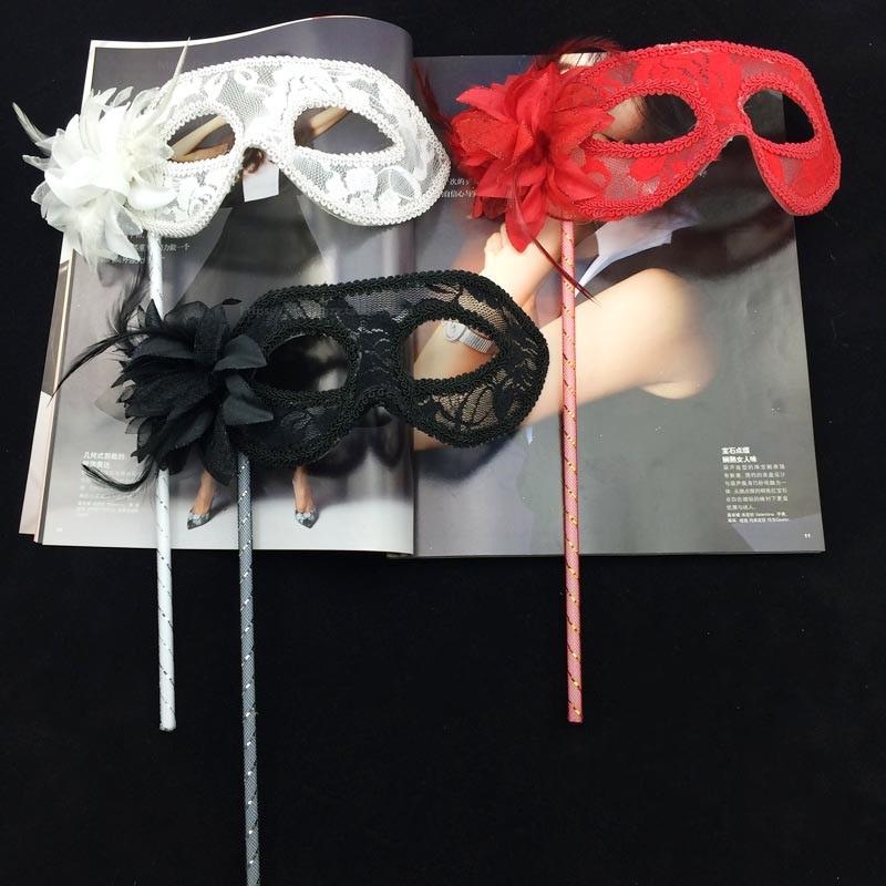 NEW Venice Princess Masquerade Mask Handheld Side Flower Translucent Feather Lily Mask Flat Head Lace Handheld Mask Accessories