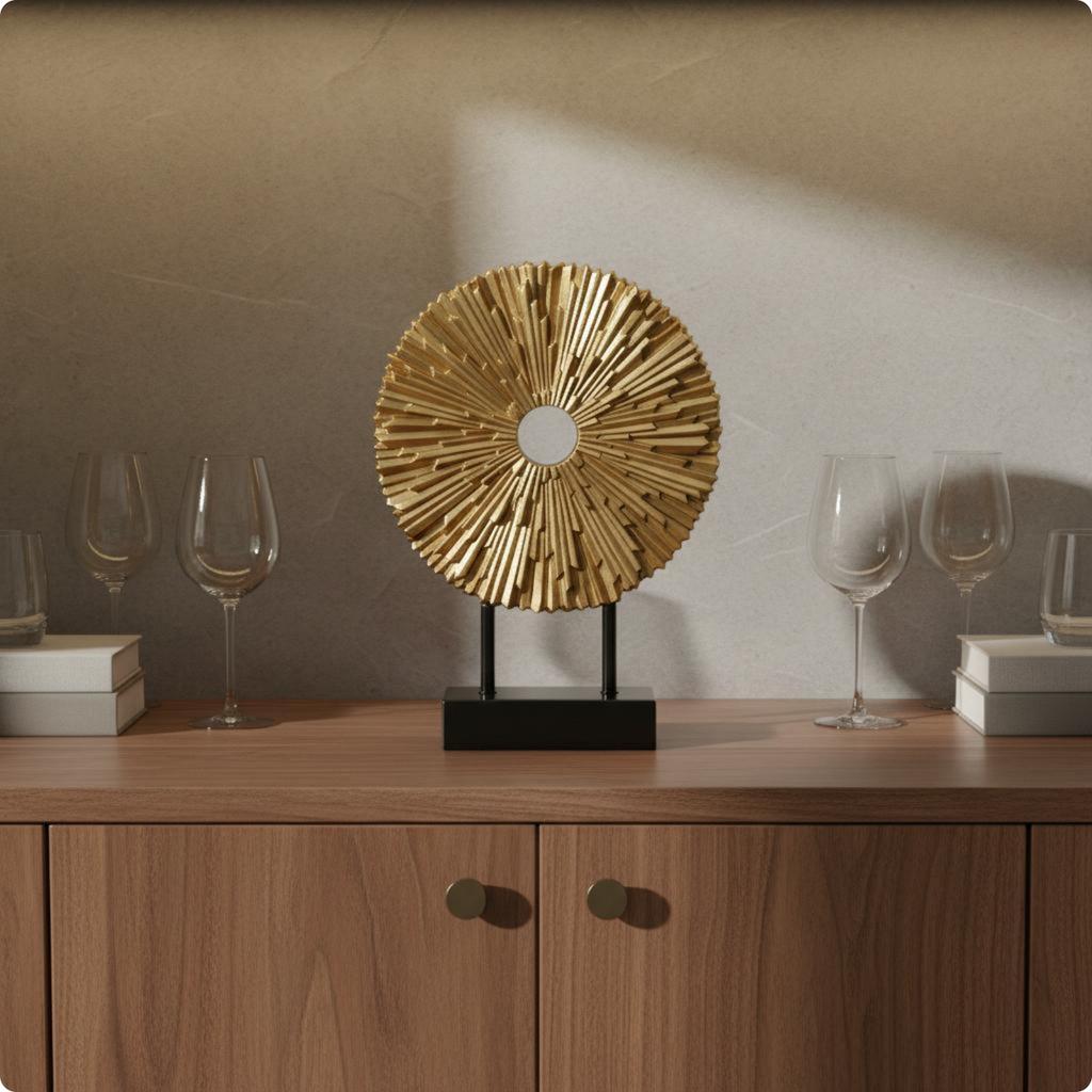 Abstract Desk Sculpture with Base Geometric Table Decor Metal Wall Disc Ornament Metallic-Finish House Decoration Modern Design