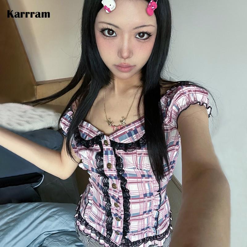 

Karrram Y2k Эстетическая кружевная лоскутная футболка японский Harajuku Kawaii топы милая милая футболка с короткими рукавами 2000-х годов одежда Лолита